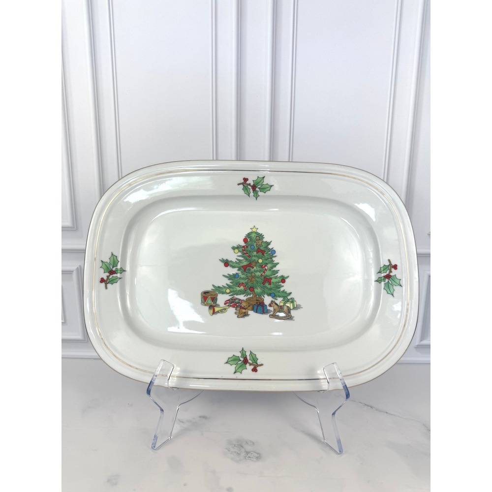 Tienshan Holiday Hostess 14" X 9.5" Stoneware Platter Christmas Tree EUC!